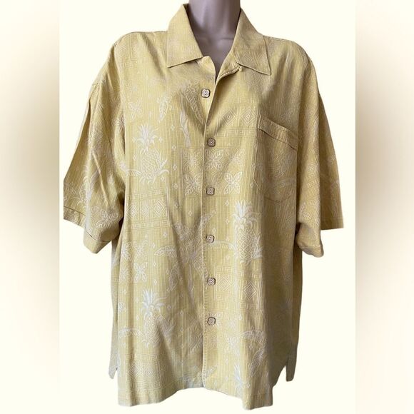 Jamaica Jaxx 100% Silk Jacquard Palm Frond Hawaiian Shirt Yellow XXL Banana Leaf - Picture 1 of 6